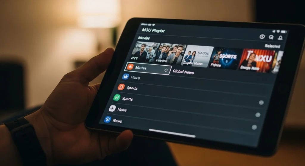 Tablet displaying media playlist options