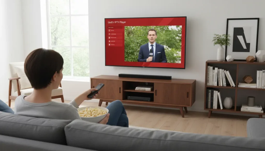 Person watching TV with popcorn.