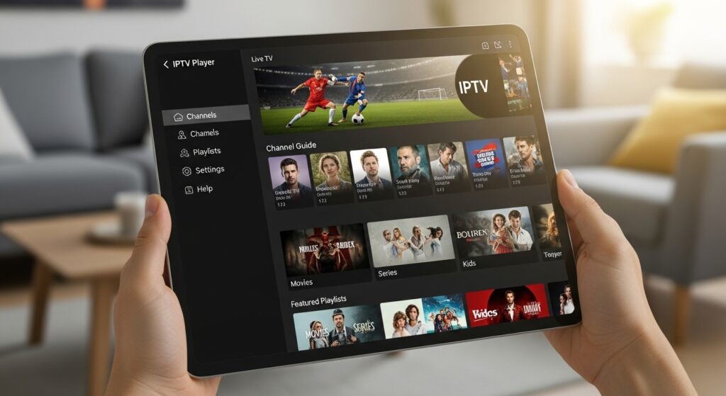 Person using IPTV player on tablet.