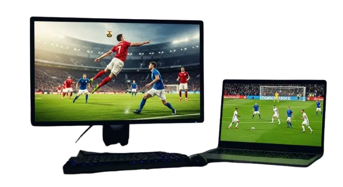 Dual screens displaying soccer matches
