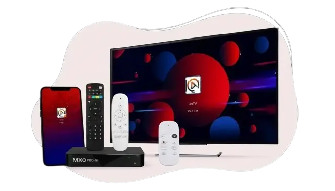 Smart TV with remote controls and phone showing unitv logo